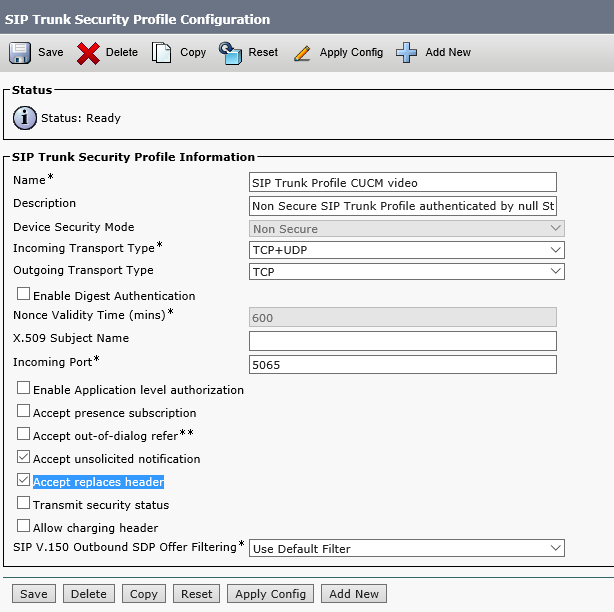 SIP Trunk Security Profile Configuration